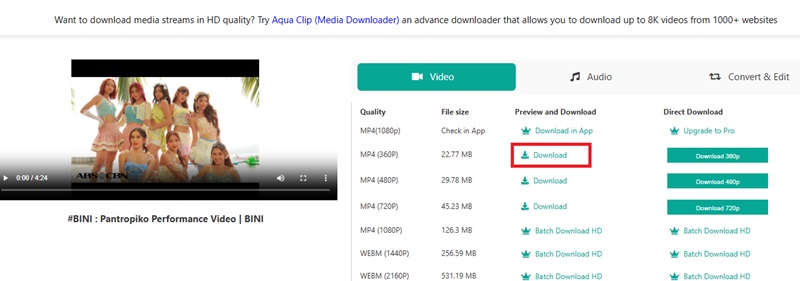 choose format and download the video